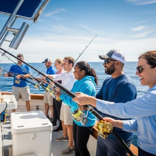 Corporate team deep sea fishing, showcasing teamwork and adventure on the ocean