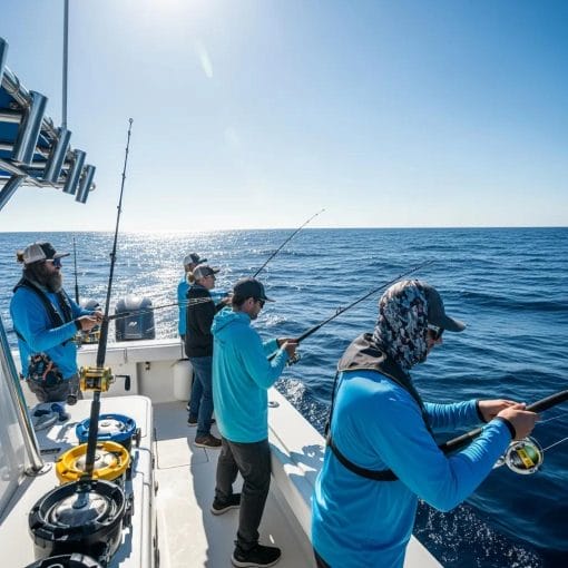 Deep sea fishing charter with enthusiastic anglers on a boat in the ocean