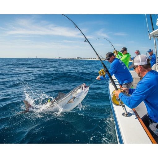 Deep sea fishing scene in Myrtle Beach with anglers reeling in a large fish