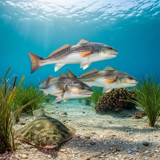 Diverse Grand Strand fish species including Red Drum, Spotted Seatrout, and Flounder in clear water
