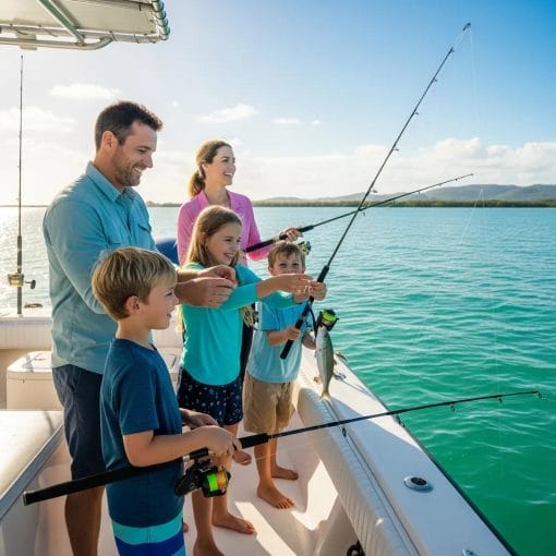 Family fishing on a charter boat, enjoying a sunny day on the water