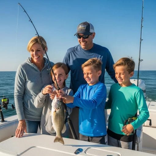 Family fishing together on a boat in Myrtle Beach, showcasing joy and bonding during their fishing adventure