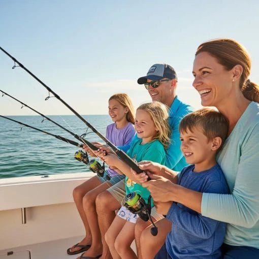 Family fishing trip in North Myrtle Beach with children and parents enjoying the ocean