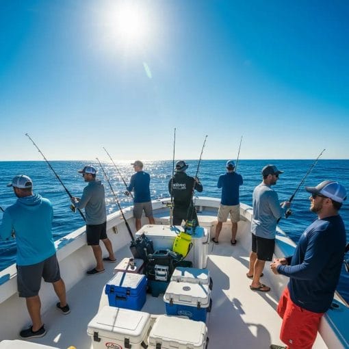 Group of anglers deep sea fishing on a sunny day with fishing rods and gear