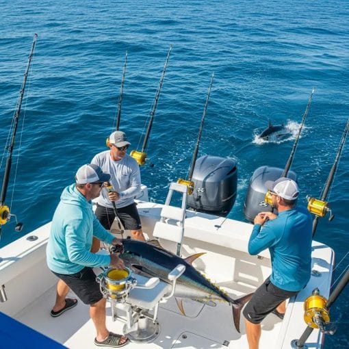 Anglers battling a large tuna on a Gulf Stream trip