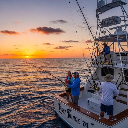Deep sea fishing charter boat with anglers fishing at sunset