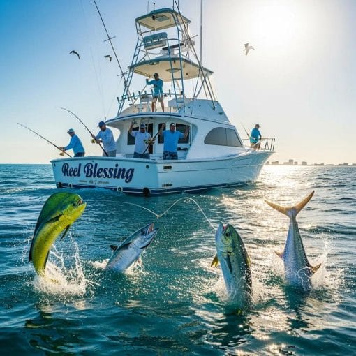 Deep-sea fishing charter boat with anglers fishing in clear blue ocean waters