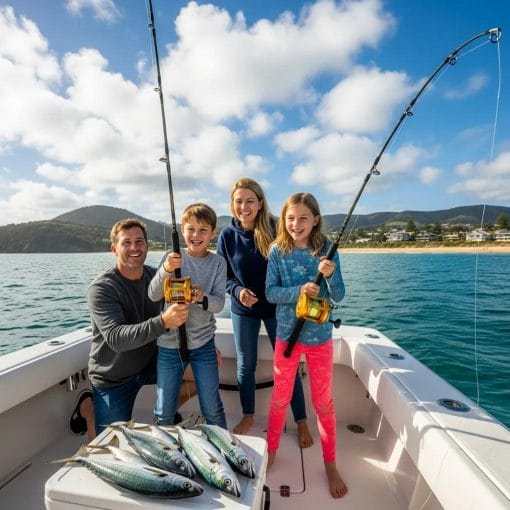 Family enjoying a half-day charter reeling in a catch off Myrtle Beach