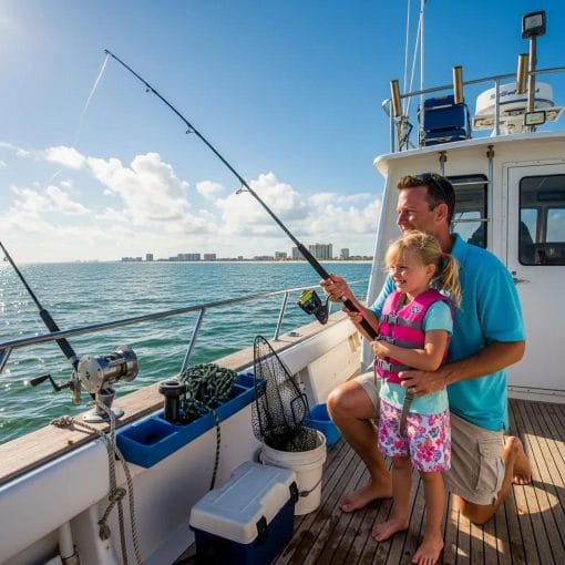 Family fishing at Myrtle Beach with charter gear, highlighting the joy of fishing experiences