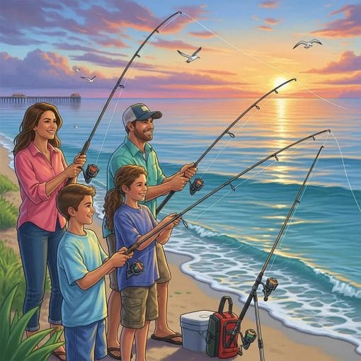 Family fishing at Myrtle Beach with scenic coastline and sunset