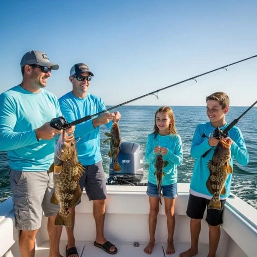 Family fishing for grouper in Myrtle Beach, highlighting the excitement of deep water fishing