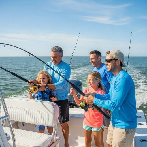 Family fishing on a charter boat in Myrtle Beach, showcasing a sunny day and joyful experiences