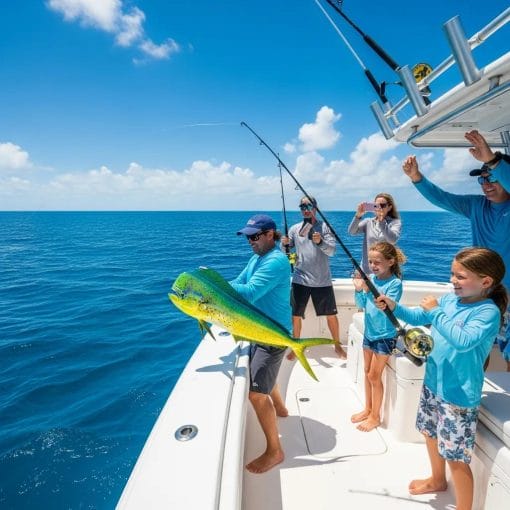 Family catching mahi-mahi on a private Gulf Stream fishing charter off Myrtle Beach