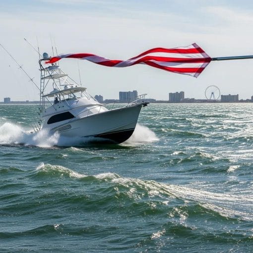 Fishing boat showing how wind direction affects surface water near Myrtle Beach