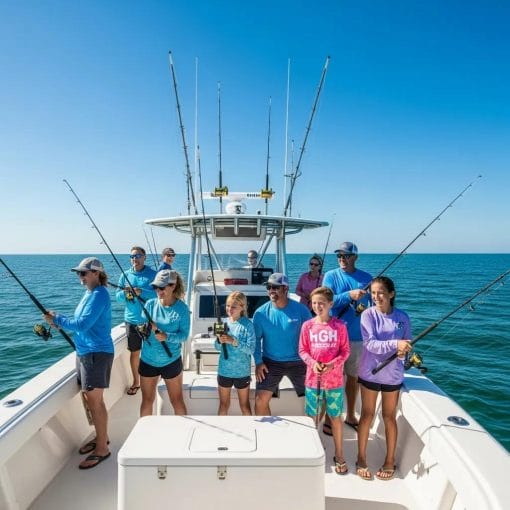 Fishing charter boat with families enjoying a day on the water near North Myrtle Beach