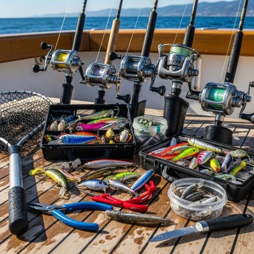 Fishing gear and bait on a charter boat deck