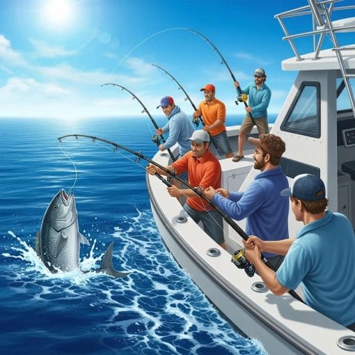 Group of anglers reeling in a large fish on a deep sea fishing adventure