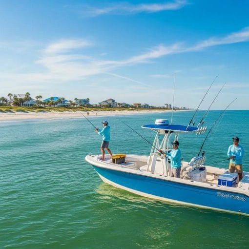 Inshore fishing scene in Myrtle Beach with anglers on a boat and scenic coastal views