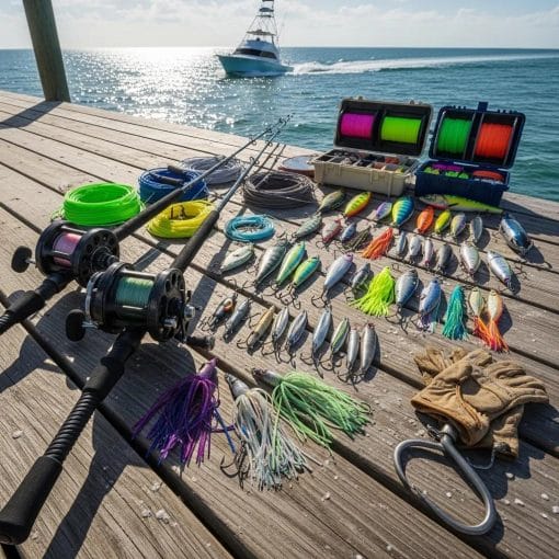 Variety of deep sea fishing tackle including rods, reels, and lures on a dock