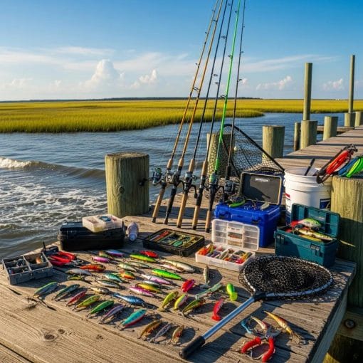 Variety of fishing gear including rods and reels on a dock in South Carolina